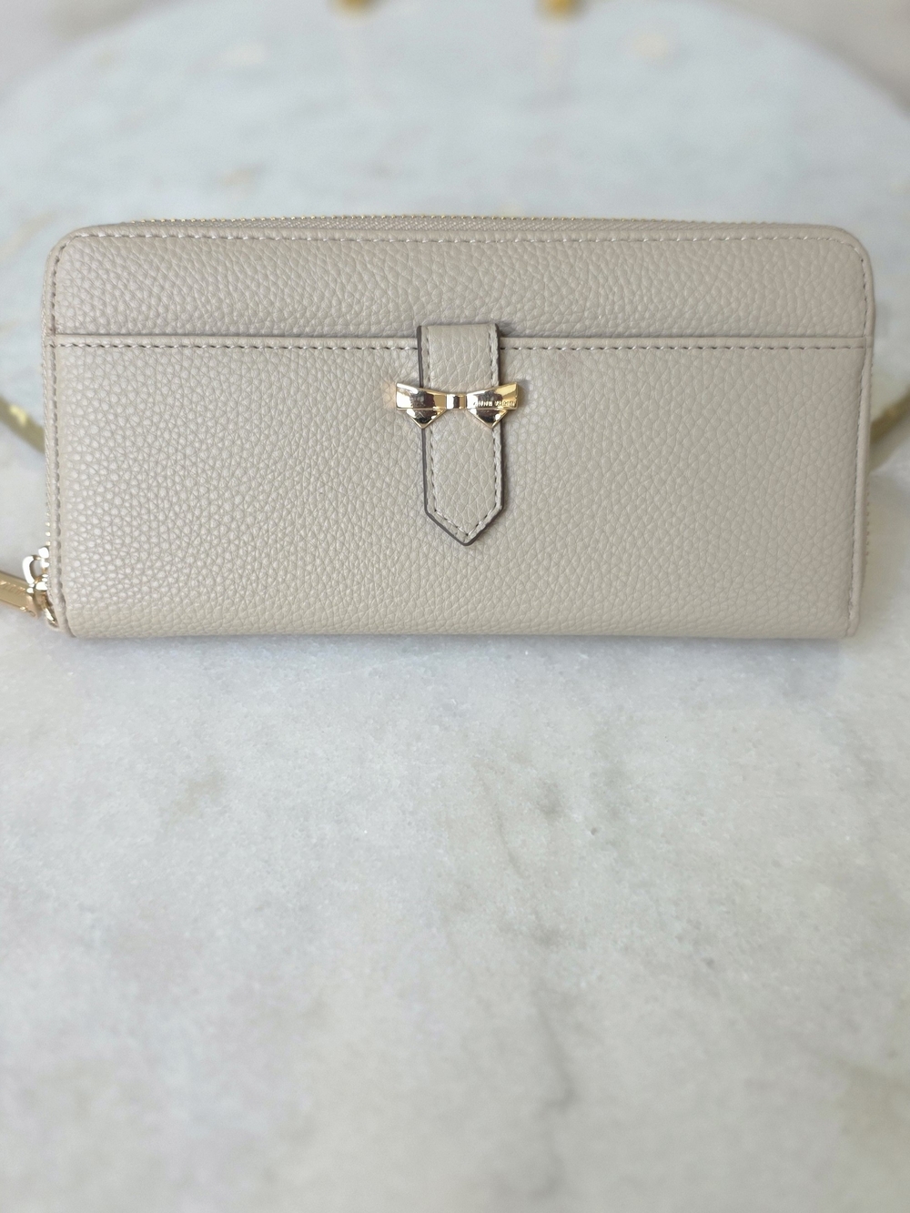 Anne Klein Zip Around Wallet Taupe Pebbled Leather Bow Detail